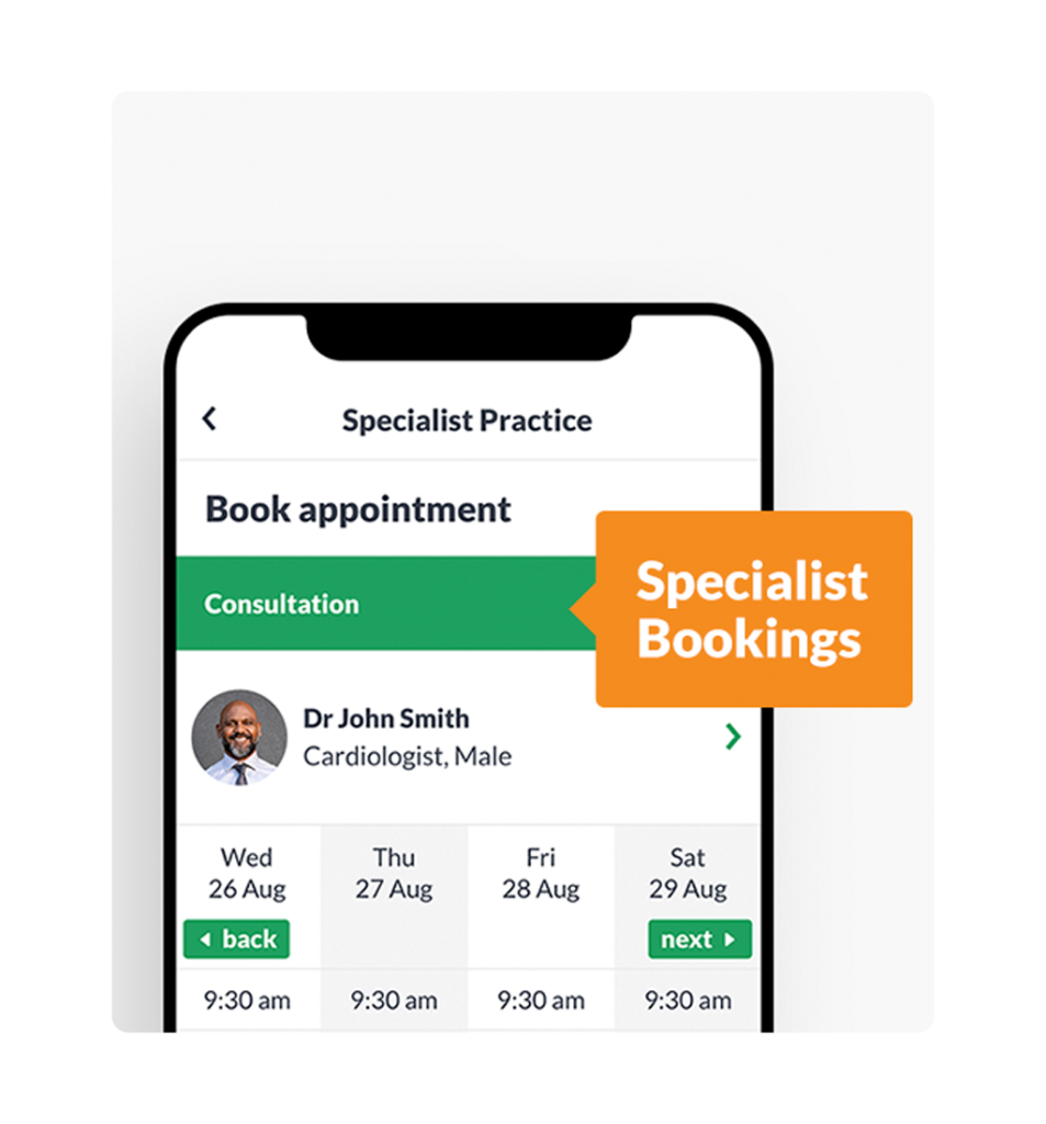 Specialist Bookings mobile app mockup
